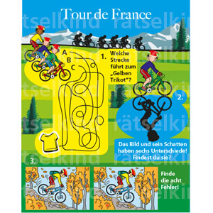 Tour de France Frage: 1. Welche Strecke führt zum „Gelben Trikot“? 2. Das Bild und sein Schatten haben sechs Unterschiede! Findest du sie? 3. Finde die acht Veränderungen!