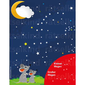 Titel: Sternbilder am Nachthimmel Frage: Die beiden Mäuse suchen Sternbilder am Nachthimmel. Kannst du ihren helfen, den Kleinen Wagen und den Großen Wagen zu finden? Auflösung: jeweils rechts neben den gelben Sternen