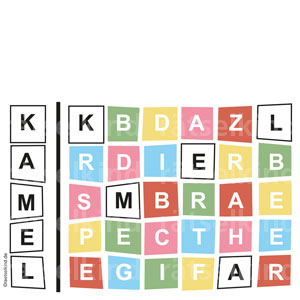 Farbenrätsel mit bunten Buchstaben