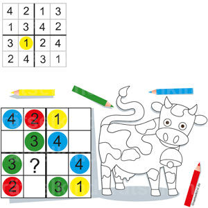 Kinderrätsel Grundschule Bauernhoftier Landleben Landwirtschaft Kuh Rind Sudoku Ausmalen Kuhglocke Glocke
