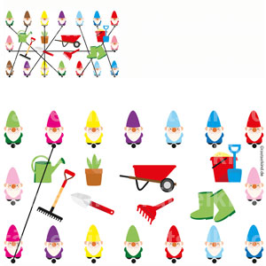 Kinderrätsel Frühling Garten Gartenwerkzeug Gartenzwerge Zwerge Farben zuordnen Schubkarre