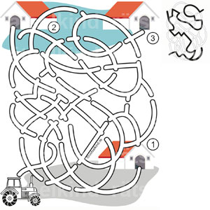 Kinderrätsel Landwirtschaft Labyrinth Irrgarten Weg finden Bauernschaft Bauernhöfe Trecker Traktor