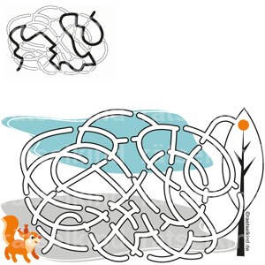 Tierrätsel Labyrinth Irrweg Weg finden Wald Baum Bäume Eichhörnchen Winter Wintervorrat Nest