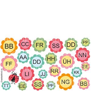 Rätsel für Kinder Blumen Marienkäfer Sommer Blumenstrauß Buchstabenpaare Paare Frühling