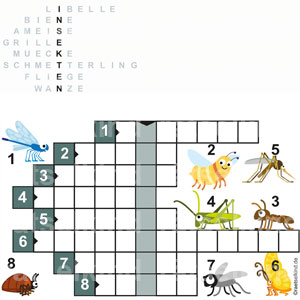 Tierrätsel Kreuzworträtsel Insekten Tiernamen Libelle Biene Ameise Grille Mücke Schmetterling Fliege Wanze