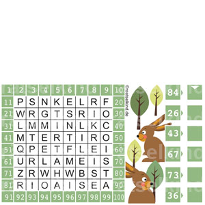 Kinderrätsel Ostern Osterfest Hasen Osterhasen Wald Buchstaben im Zahlenfeld bis Hundert