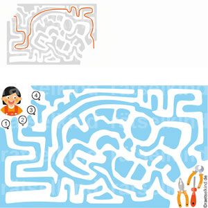 Kinderrätsel Weg finden Wasser Werkzeug Rohrbruch Trocken Nass Wasser Wasserleitung