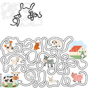 Rätsel für Kinder Labyrinth Stall Bauernhoftiere Tiere Kuh Maus Esel Schwein Katze Ziege Schaf