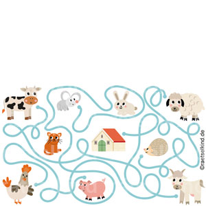Kinderrätsel Labyrinth Irrgarten Bauernhof Bauernhoftiere Tiere Kuh Rind Schaf Ziege Schwein