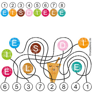 Sommerrätsel für Kinder Waffeleis bunte Eiskugeln Eissorten Eis Eisdiele Labyrinth Irrgarten