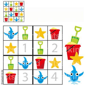 Sodoku Sommer Strand Ferien Wasser Sand Eimer Schaufel Seestern Fisch