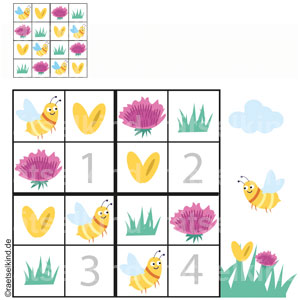 Kinderrätsel Sodoku Frühling Sommer Blumen Bienen Biene Blumenwiese Klee Insekten