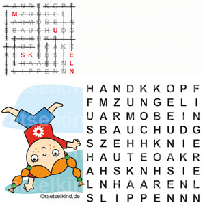 Kinderrätsel Körper Körperteile Kreuzworträtsel Muskeln Kind Buchstaben erkennen Vorschule
