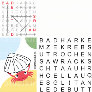 Rätsel für Kinder Grundschule Kreuzworträtsel Meere Meerestiere Fischernetz Badestrand