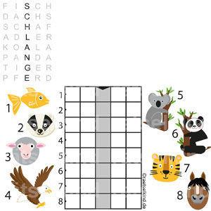 Worträtsel Tierrätsel Tiernamen Schlange Fisch Dachs Schaf Adler Koala Panda Tiger Pferd