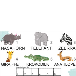 Buchstabenrätsel Lesen Tiernamen Afrika Nashorn Elefant Zebra Giraffe Krokodil Antilope