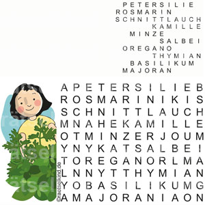 Kinderrätsel Kräutergarten Suchsel Petersilie Rosmarin Schnittlauch Kamille Minze Salbei Oregano Thymian Basilikum Majoran