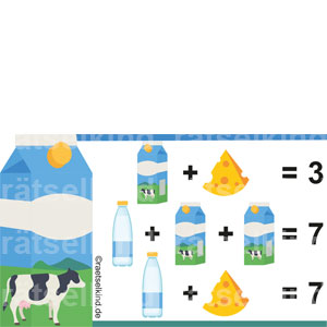 Bilderrätsel Symbole Bilder Zahlen Rechenaufgabe Milch Käse Kuh Rind Milchtüte Milchflasche