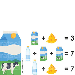 Bilderrätsel Symbole Bilder Zahlen Rechenaufgabe Milch Käse Kuh Rind Milchtüte Milchflasche
