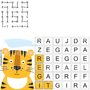 Buchstabenrätsel Suchsel Wortschlange Tiere Jaguar Leopard Zebra Gepard Tiger Giraffe