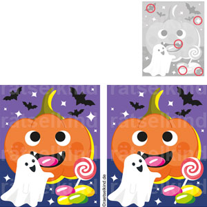 Fehler finden Fehlersuchbild Vergleichsrätsel Herbst Halloween Oktober Kürbis Gespenst Süßigkeiten