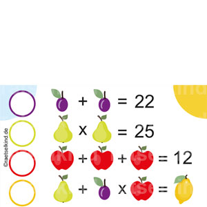 Kinderrätsel Obst Mathe Rechenrätsel Punkt-vor-Strich-Regel Grundrechenarten Mal und Plus