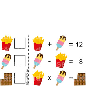 Rechenrätsel Logikrätsel Grundschule Grundrechenarten Süßigkeiten Eis Pommes Schokolade