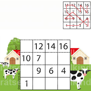 Hidoku Rätsel für Kinder Landwirtschaft Zahlenreihe Rinder Kühe Bauernhof Stall Weide