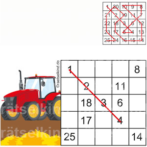 Hidoku Kinderrätsel Landwirtschaft Zahlenreihe Rinder Trecker Traktor Landmaschine