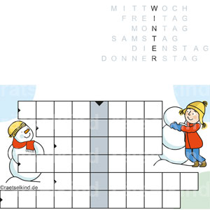 Kinderrätsel Kreuzworträtsel Winterrätsel Schnee Schneemann Winter Wochentage Jahreszeit