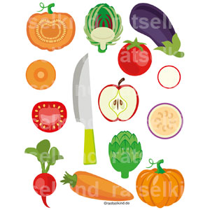 Logikrätsel Obst Gemüse Lebensmittel Tomate Artischocken Radieschen Möhre Kürbis Apfel Früchte Frucht Ernte