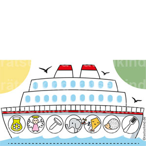 Reiserätsel für Kinder Verreisen Schiff Ferien Urlaub Venedig Vase Engel Nagel Elefant Drache Igel Gabel