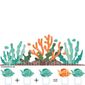 Rechenrätsel für Kinder Fische Aquarium Logisches Denken Logikrätsel Bilder Zahlen Symbolrätsel