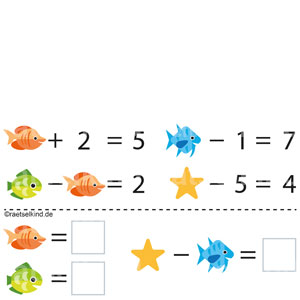 Rechenrätsel für Kinder Fische Seestern Logisches Denken Logikrätsel Bilder Zahlen Symbolrätsel Meer